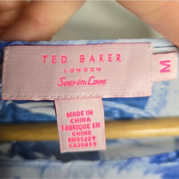 TED BAKER Sheer Blue & White Flowy Scarf Blouse Size Medium - Picture 7 of 8